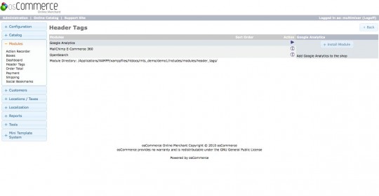 install the google analytics module in the osCommerce administration panel