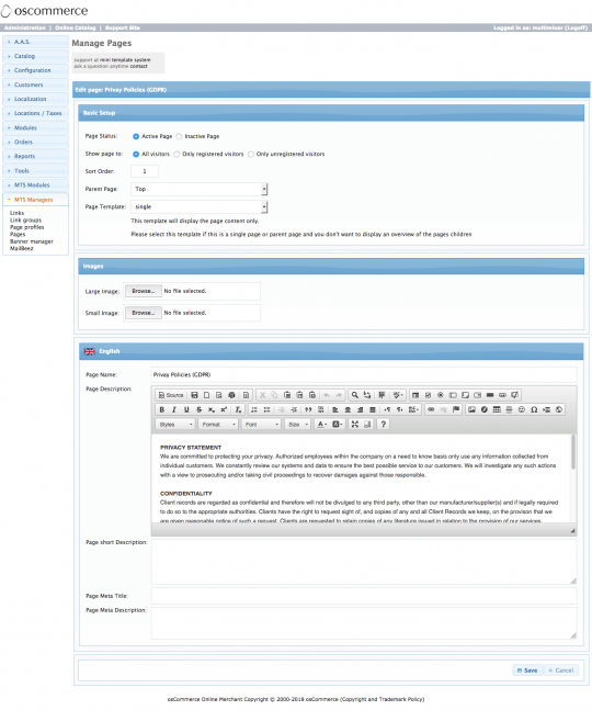 osCommerce accept terms admin page setup